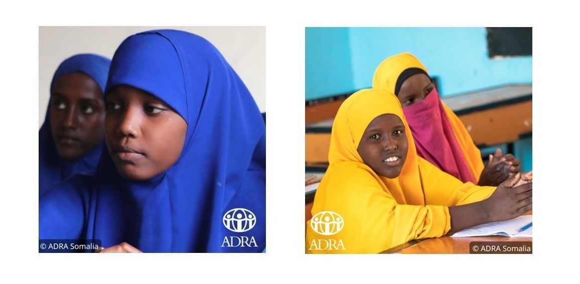 Schülerinnen in farbigen Kopftüchern während des Unterrichts in Somalia, engagiert für Bildung und Entwicklung, ADRA Somalia, internationale Hilfsorganisation, Bildungsprojekte für Mädchen.