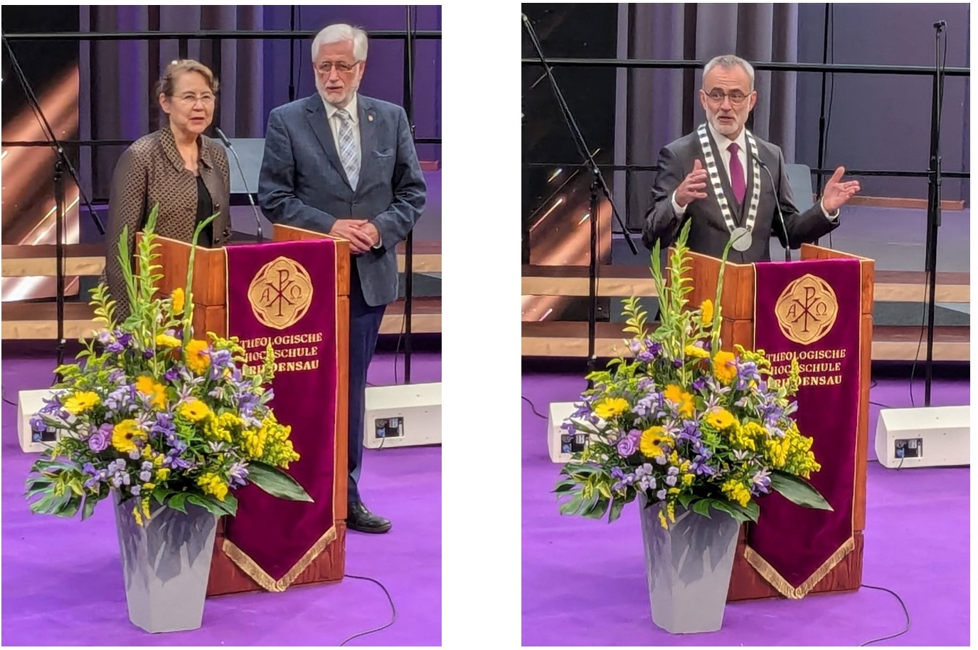 Rednerpult mit Blumenstrauß bei der theologischen Hochschule Benshausen, Frauen und Männer bei einem kirchlichen Fest, christliche Bildung, feierliche Veranstaltung, religiöse Feierlichkeiten, feierliche Reden.
