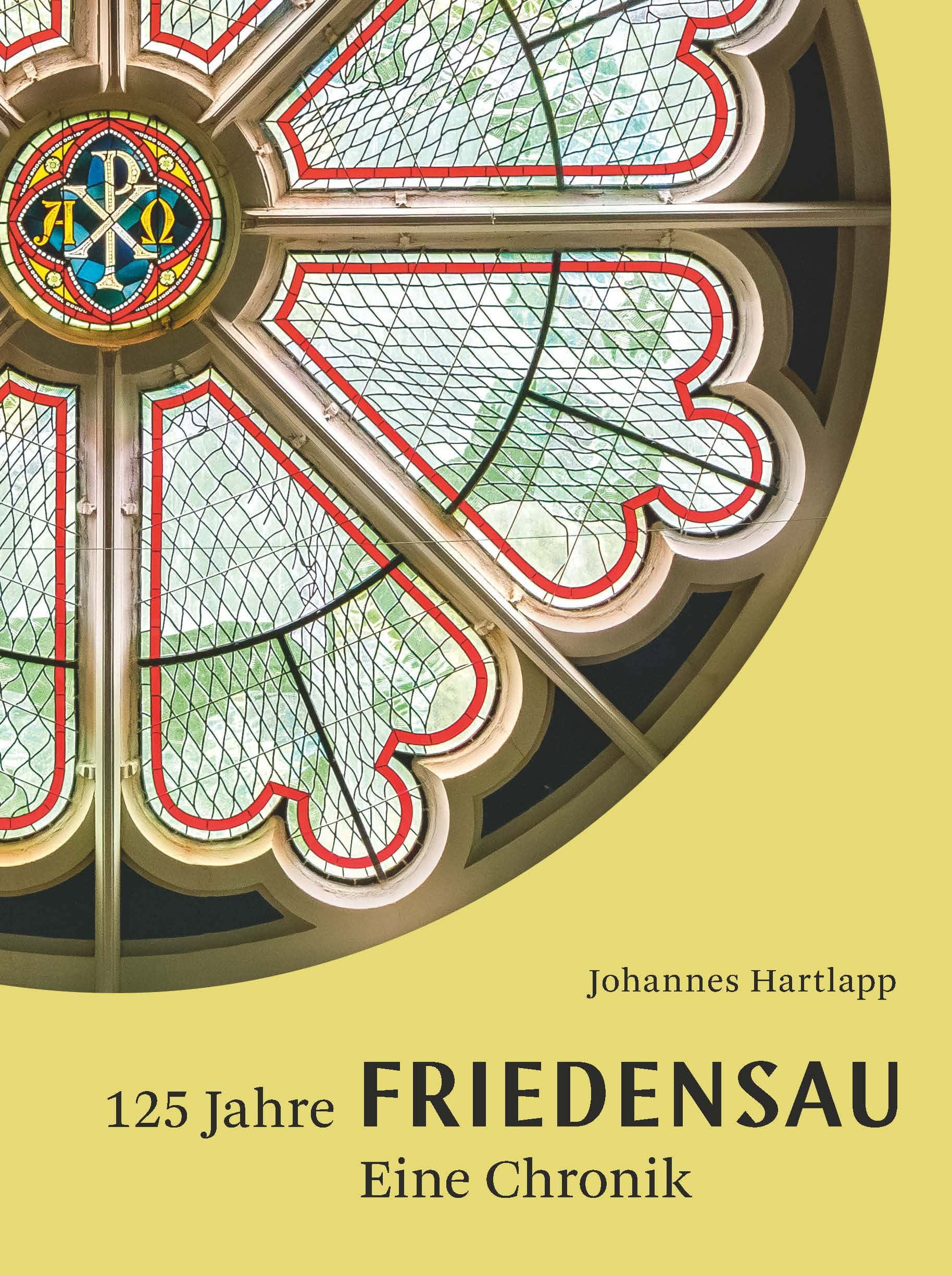 Farbstainiertes Kirchenfenster mit religiösen Symbolen, optimal für spirituelle Literatur und christliche Bücher bei Advent-Verlag.