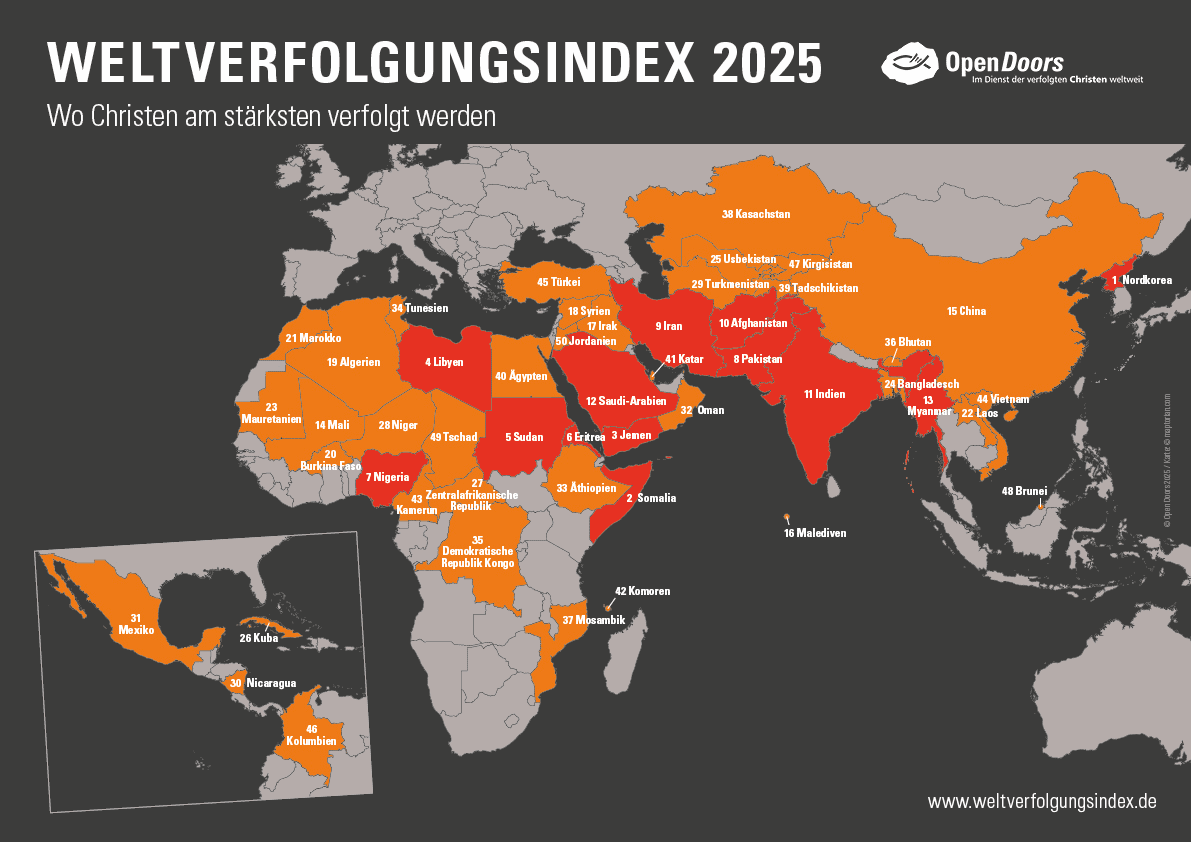 Hochwertiger Advent-Verlag Kalender 2025 mit Weltverfolgungsindex auf Weltkarte, zeigt Länder mit christlichen Verfolgungen, für religiöse Bildung und Engagement, Ideal für Christen und Christen-Organisationen.