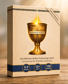 Das Spiel "Salomons Kelch" ist ein biblisches Erkennungsspiel für 5-9 Spieler ab 12 Jahren mit 108 Begriffen, das gemeinsam die Wahrheit entdeckt.