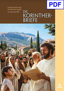 Jesus liest aus einer Schriftrolle vor einer Gruppe von Menschen, die aufmerksam zuhören, mit Palmen und antiken Gebäuden im Hintergrund.
