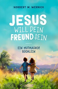 Illustration eines Kinderpaares, das Hand in Hand in einer grünen Wiese unter einem blauen Himmel läuft, symbolisiert Freundschaft und Glauben.