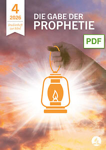 Cover des Studienhefts zur Bibel mit einer Laterne, Sonnenstrahlen und Himmel im Hintergrund, Titel 'Die Gabe der Prophetie' und Advent-Verlag Logo.