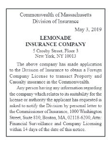 Lemonade, Mass insurtech news, Insurtech start-up Lemonade, Does Lemonade sell insurance in Massachusetts?