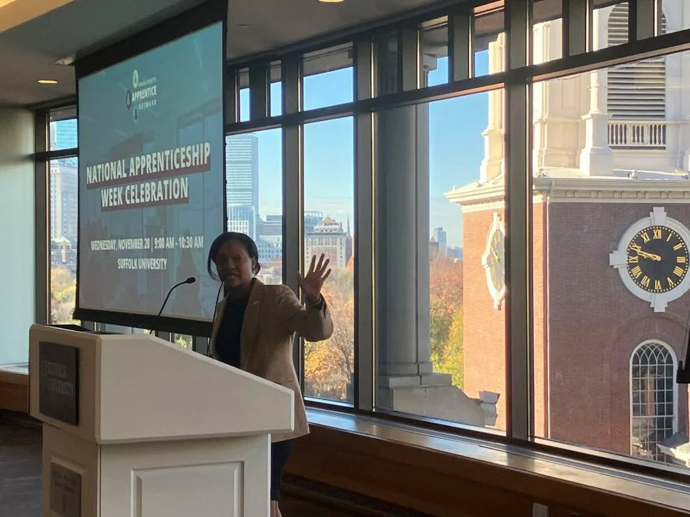 Labor and Workforce Development Secretary Lauren Jones speaks at Massachusetts Apprenticeship Network event on Wednesday, Nov. 20, 2024. 

Alison Kuznitz/SHNS
