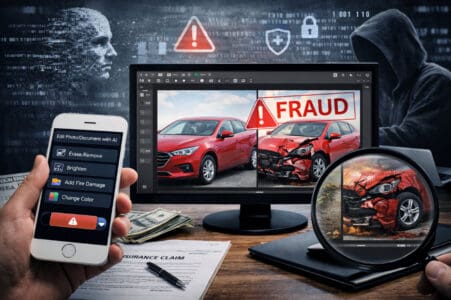 AI insurance fraud illustration showing manipulated claims and insurer detection challenges