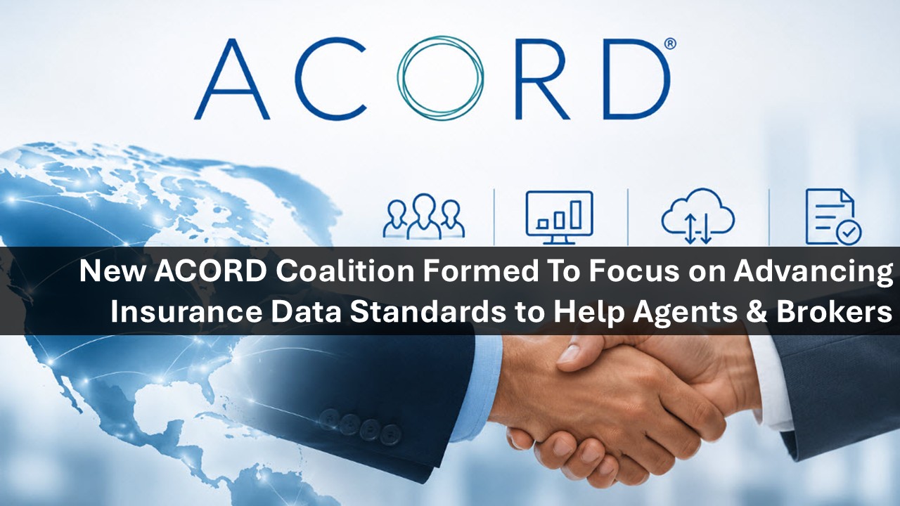 ACORD branding with a globe and a handshake; banner announcing a coalition to advance insurance data standards for agents and brokers.