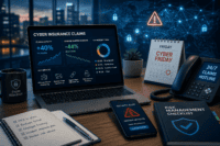 Illustration depicting rising cyber insurance claims and ransomware exposure in 2026