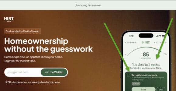 Hero banner for the Hint app: bold headline 'Homeownership without the guesswork' with a smartphone showing the app UI on a brown gradient background.