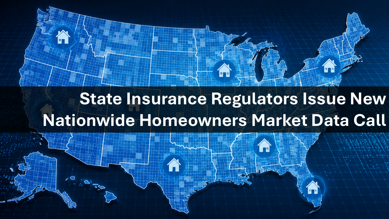 Blue U.S. map with multiple house icons and a dark banner announcing a nationwide homeowners market data call by state regulators.