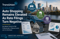 TransUnion Q2 2026 report cover with a blue car, city skyline, house model, and charts; headline: Auto Shopping Remains Elevated As Rate Filings Turn Negative.