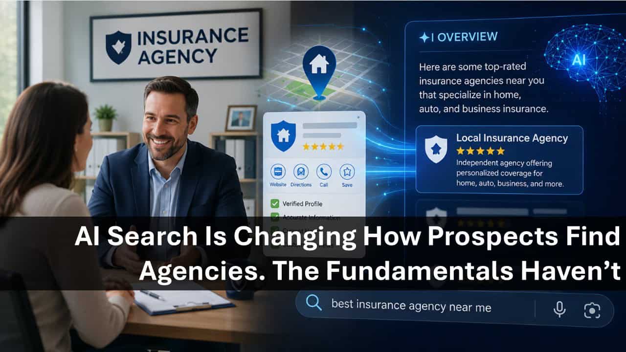 Two people meet at an insurance agency desk while a blue AI-themed overlay promotes finding agencies online.