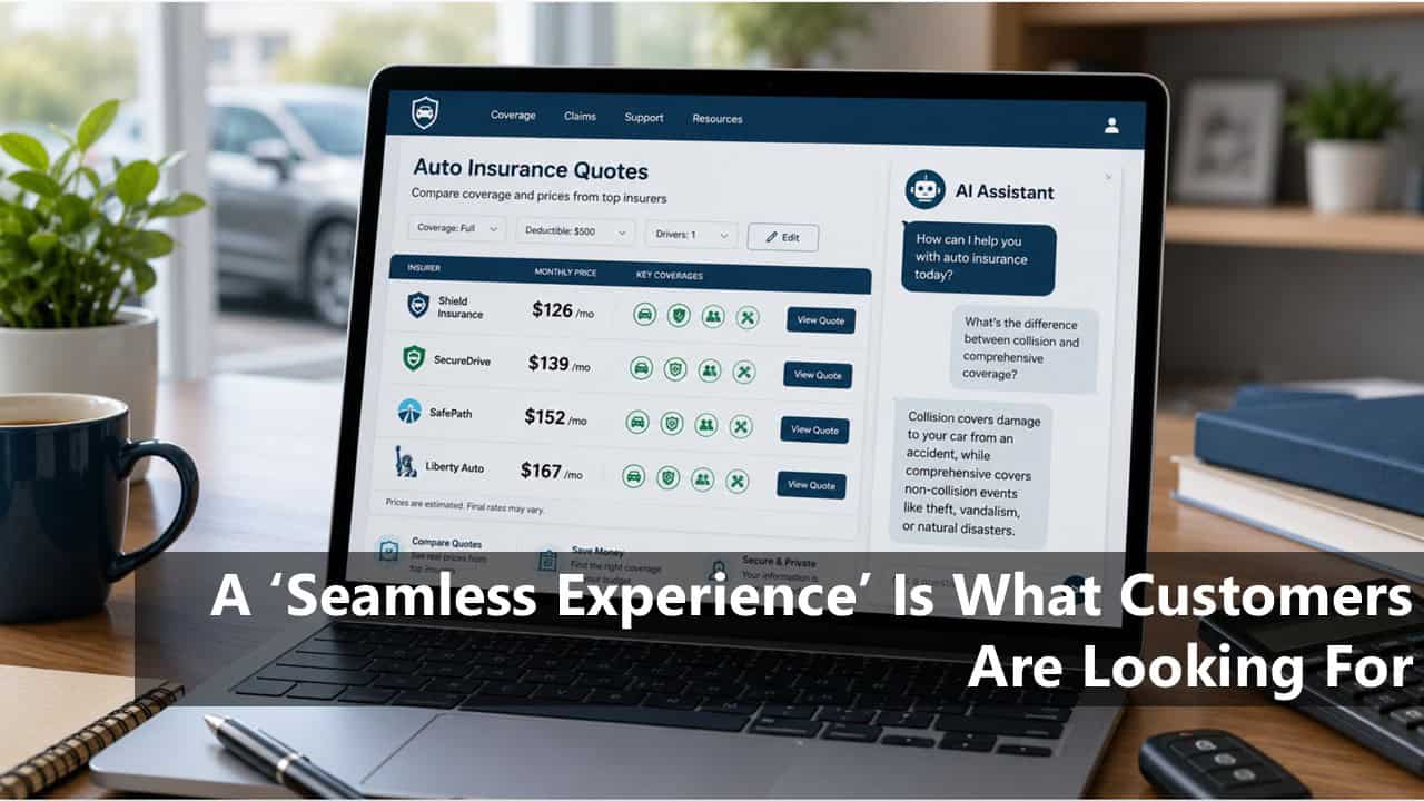 Laptop on a wooden desk showing an auto insurance quotes comparison page with insurer rows and a right-side AI assistant panel.