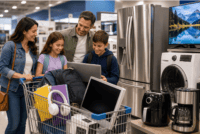 Retail shopping scene during Massachusetts sales tax holiday with back to school purchases and checkout activity