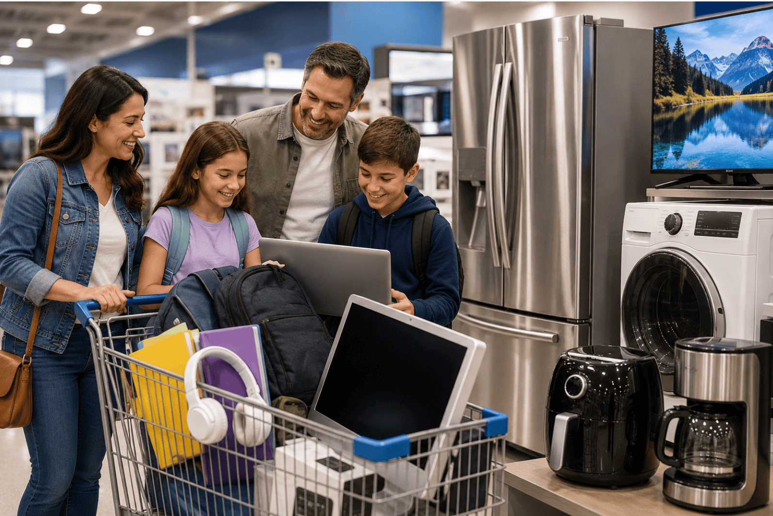 Retail shopping scene during Massachusetts sales tax holiday with back to school purchases and checkout activity
