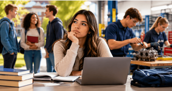 High school student considering college versus career path decision in classroom setting