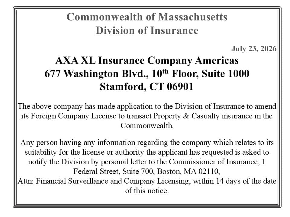 Framed formal notice from Massachusetts Division of Insurance about amending a foreign license for AXA XL Insurance Company Americas, dated July 23, 2026.