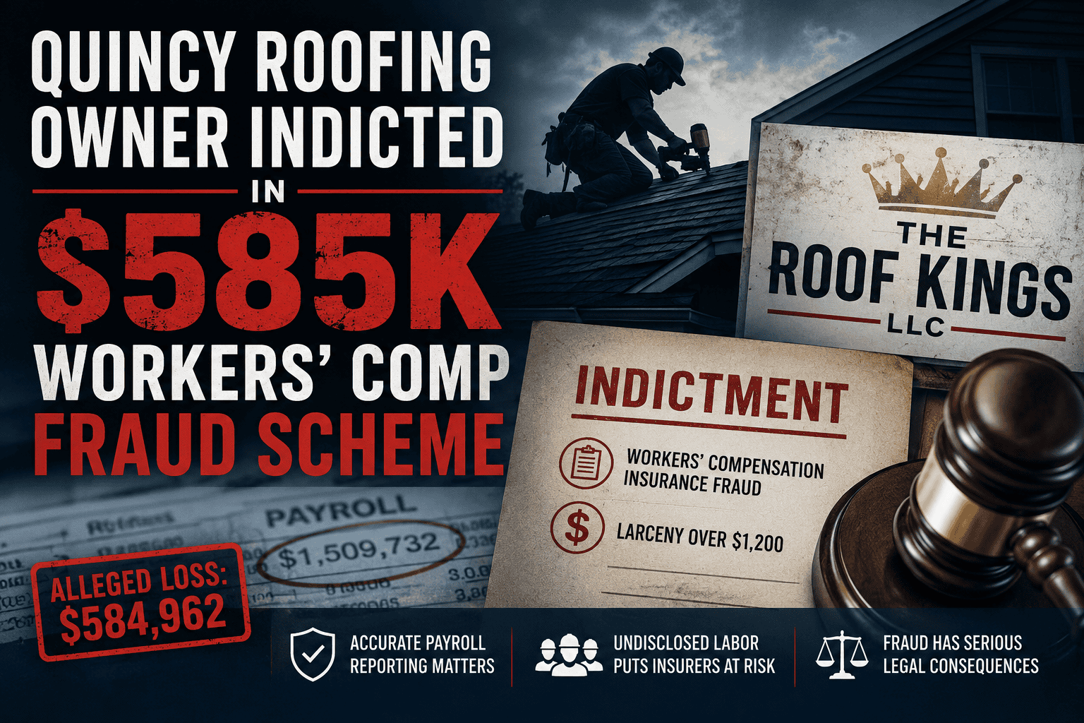Infographic about a roofing company owner indicted for a $585K workers' comp fraud scheme, featuring a roofer, 'Indictment' card and gavel.
