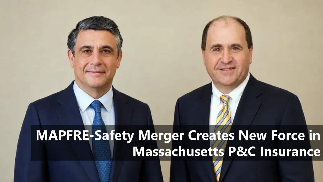 Two businessmen in dark suits pose for a news-style photo; caption reads 'MAPFRE-Safety Merger Creates New Force in Massachusetts P&C Insurance'.