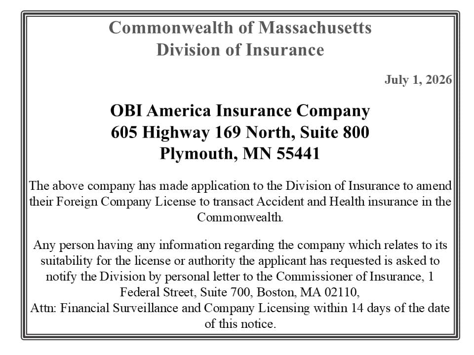 Official notice on Commonwealth of Massachusetts Division of Insurance letterhead dated July 1, 2026, regarding license amendment for OBI America Insurance Company at Plymouth, MN address for Accident and Health insurance in the Commonwealth.
