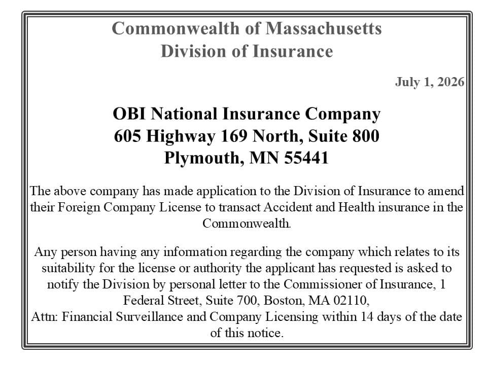 Official notice from the Commonwealth of Massachusetts Division of Insurance about OBI National Insurance Company’s license amendment, dated July 1, 2026, with address block and filing instructions.