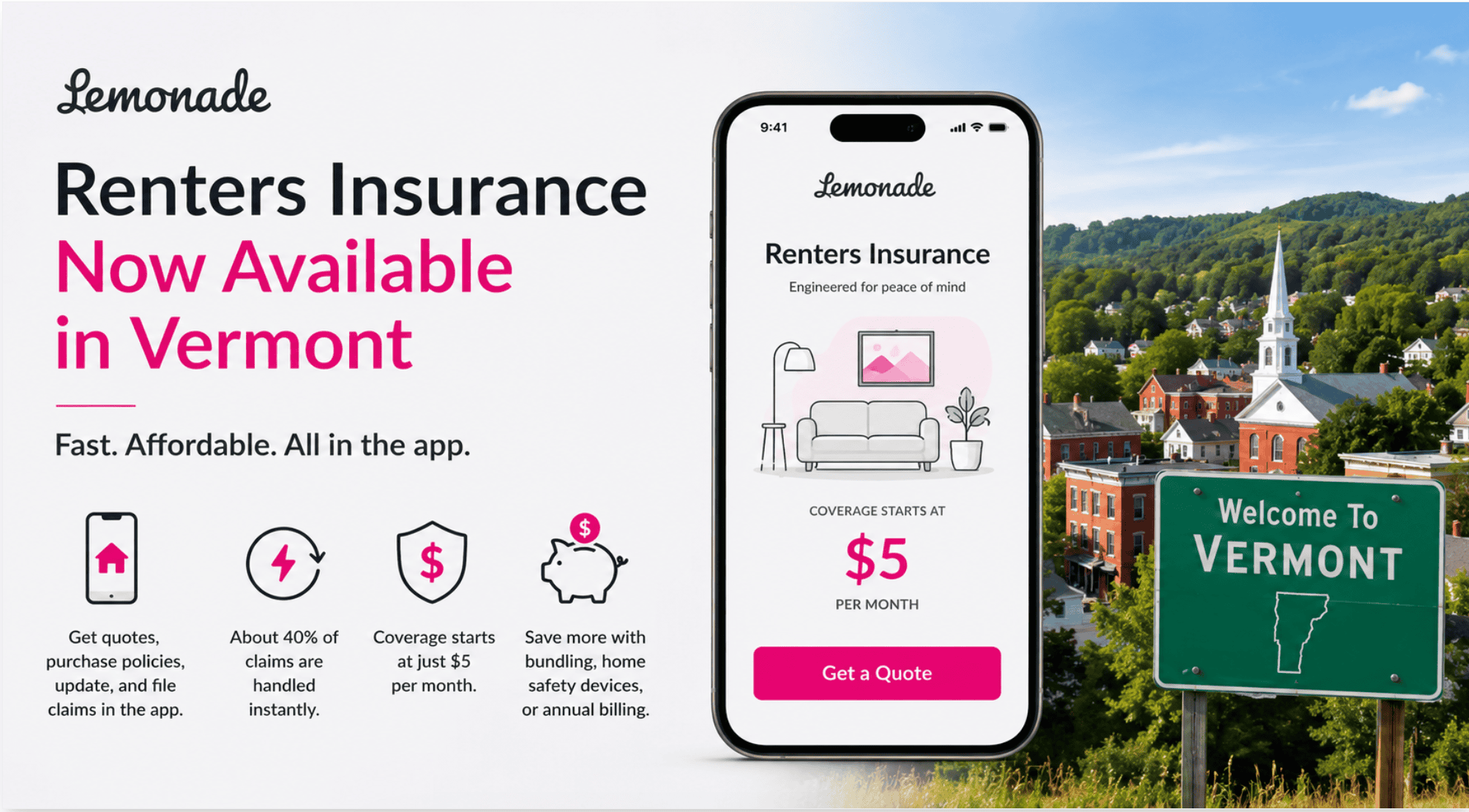 Lemonade has launched its app-based renters insurance platform in Vermont, allowing renters to obtain quotes, purchase policies and file claims digitally
