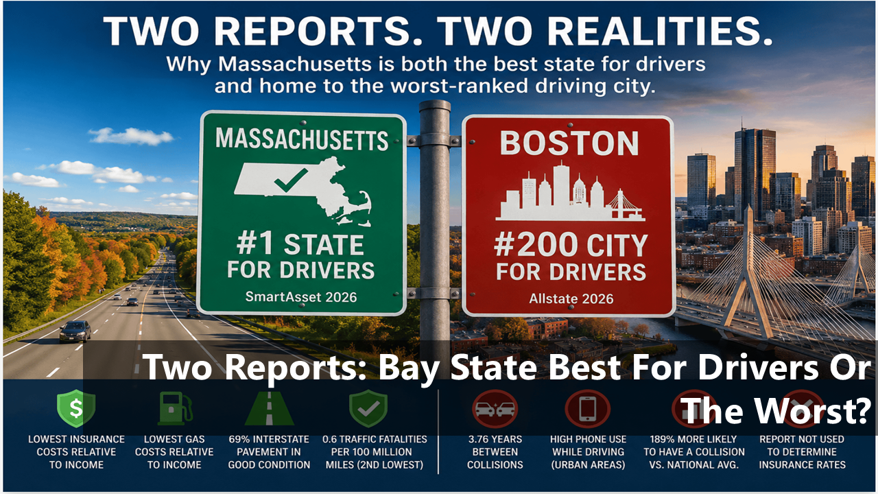 Split road-sign infographic comparing Massachusetts and Boston driving rankings, with a highway and city skyline in the background.