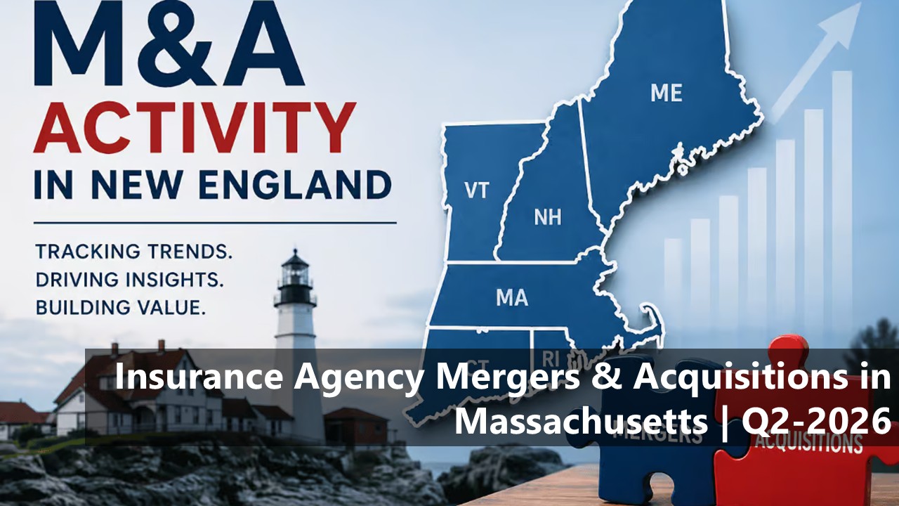 M&A Activity in New England: map of ME, NH, VT, MA with a lighthouse, for an insurance mergers article.