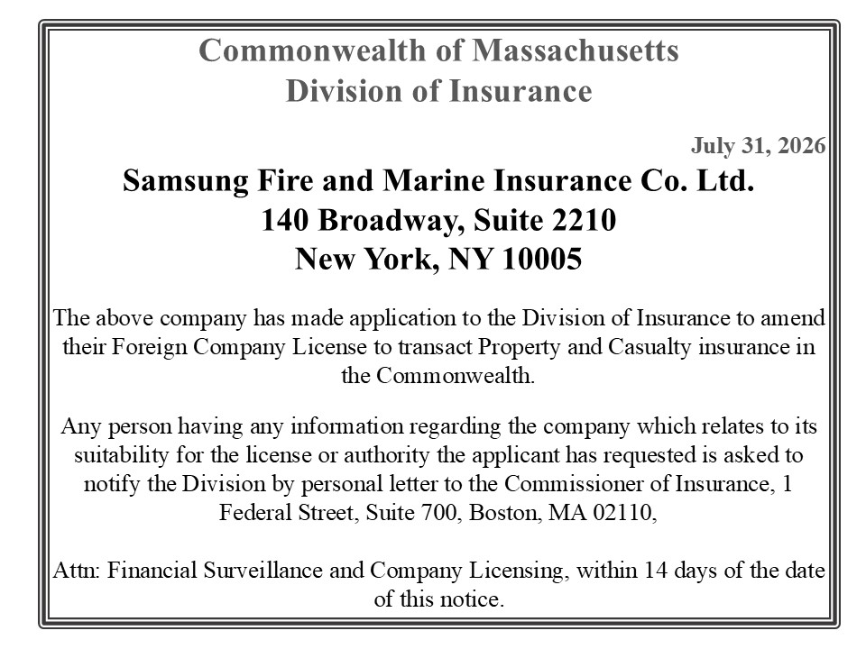 Massachusetts Division of Insurance notice to Samsung Fire and Marine Insurance about license amendment for property and casualty insurance in the Commonwealth, dated July 31, 2026.