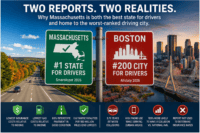 Massachusetts ranked best state for drivers while Boston ranked last for collision frequency in separate 2026 studies.