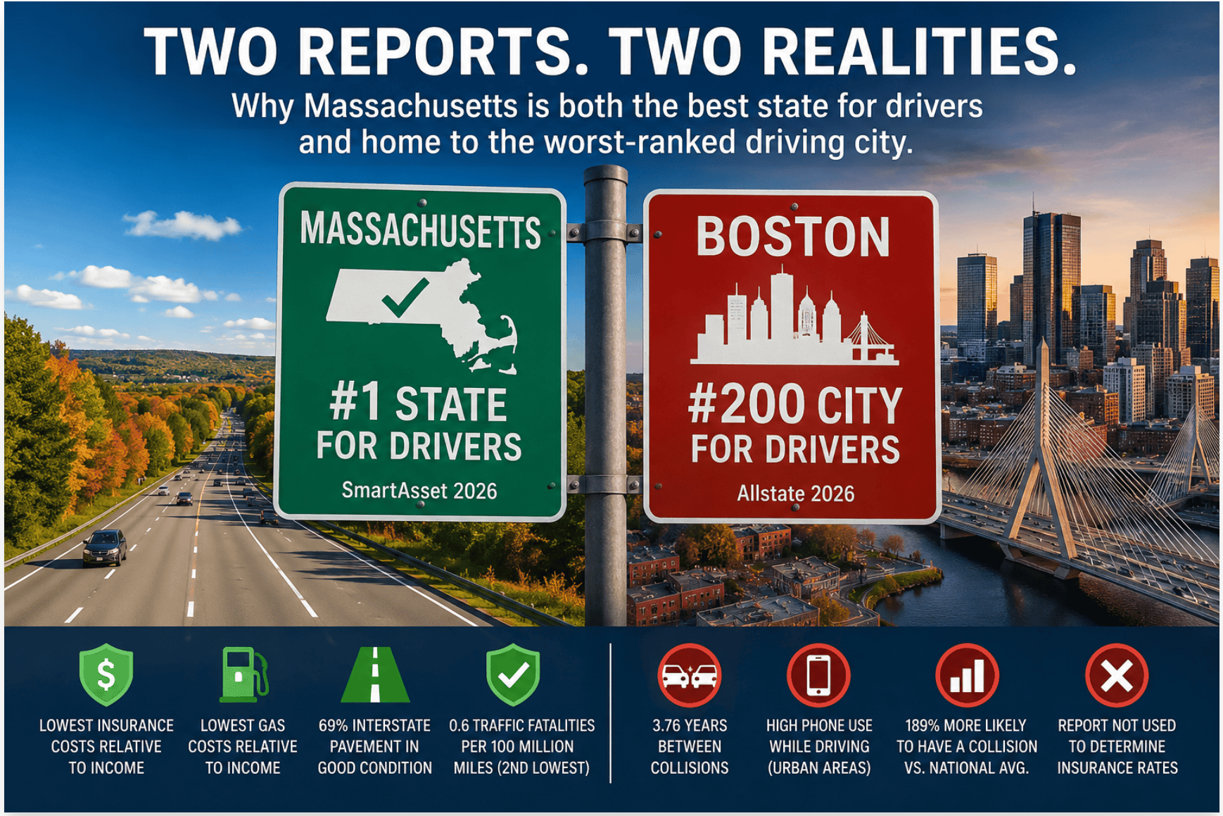 Massachusetts ranked best state for drivers while Boston ranked last for collision frequency in separate 2026 studies.