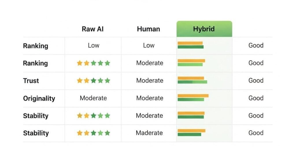 Performance summary of AI writing vs human writing SEO