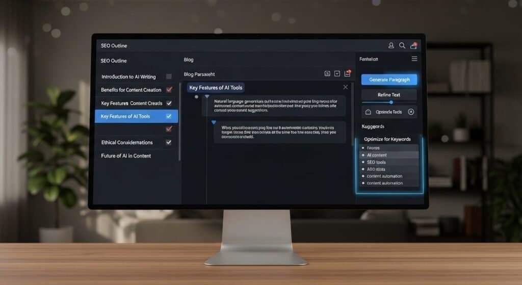 AI tools for SEO writing generating long-form blog sections under an SEO outline
