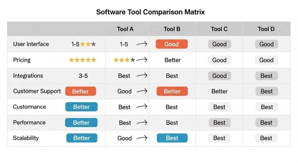 Comparison review pages showing structured evaluations and human-controlled rankings for affiliate reviews