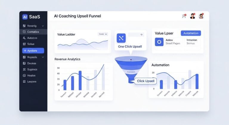AI coaching upsell funnel software dashboard showing automated upsell sequences and revenue analytics