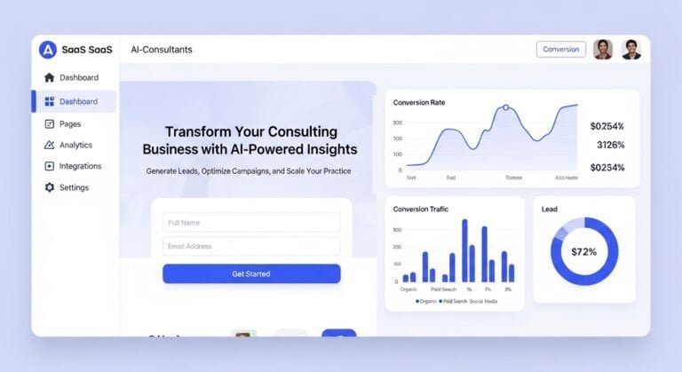 AI landing page builder for consultants showing conversion focused landing page design dashboard