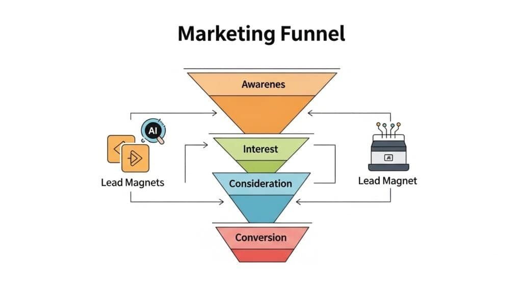 AI lead magnet creation process showing ebook checklist and quiz funnel generation
