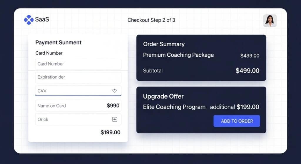 AI order page and upsell funnel for coaching programs showing payment and upgrade offers