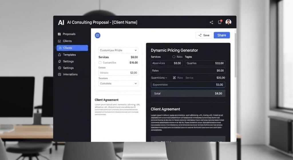 AI business proposal builder dashboard showing proposal editor and pricing table generator