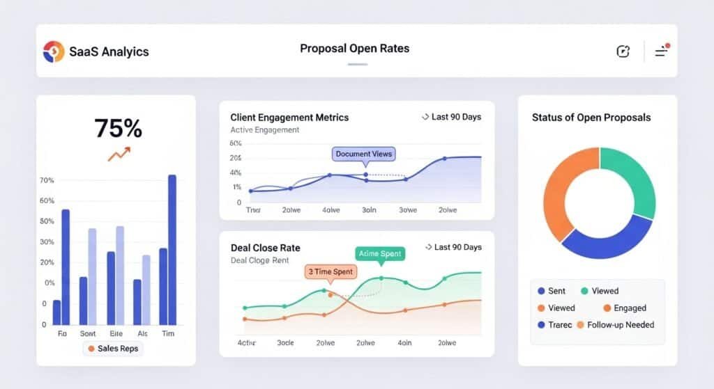 AI proposal analytics dashboard showing proposal open rate and deal close metrics