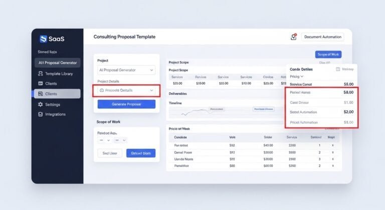 AI proposal generator for consultants dashboard showing automated consulting proposal builder and pricing tables
