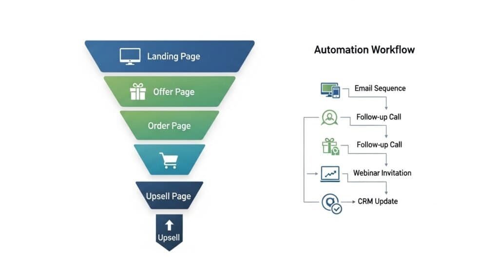 AI sales funnel structure for coaches showing landing page offer page order page upsell page