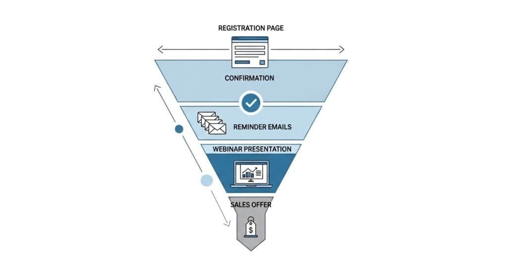AI webinar funnel structure showing registration webinar presentation and sales offer