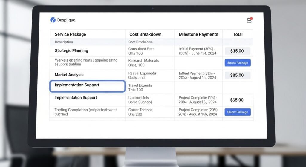 consulting proposal pricing table showing service packages and project cost breakdown
