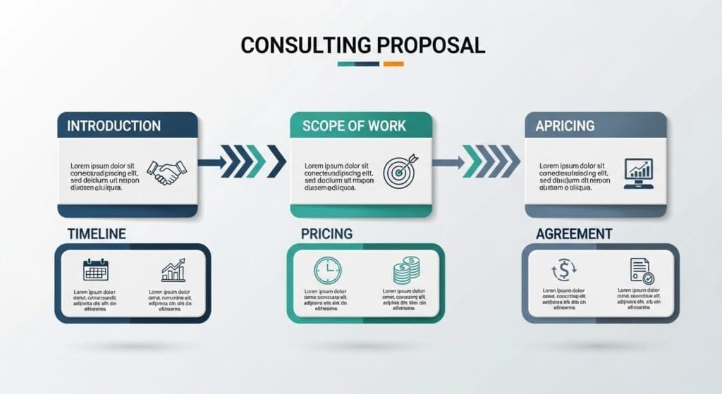 consulting proposal structure showing introduction scope of work timeline pricing and agreement sections