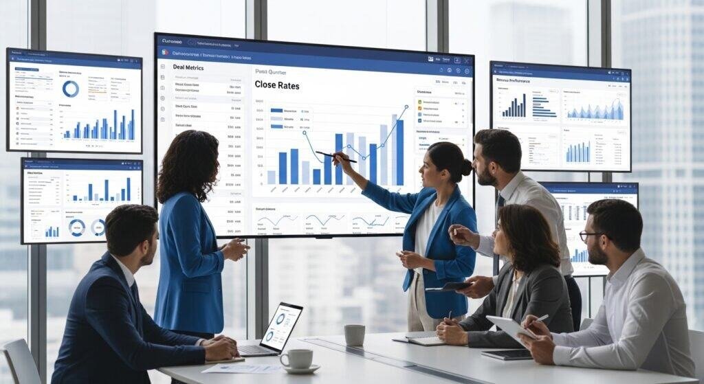 Consulting team analyzing sales performance dashboards together