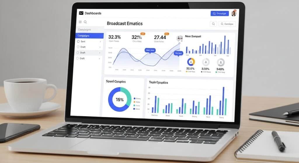 ConvertKit broadcast email campaign dashboard showing launch email performance metrics