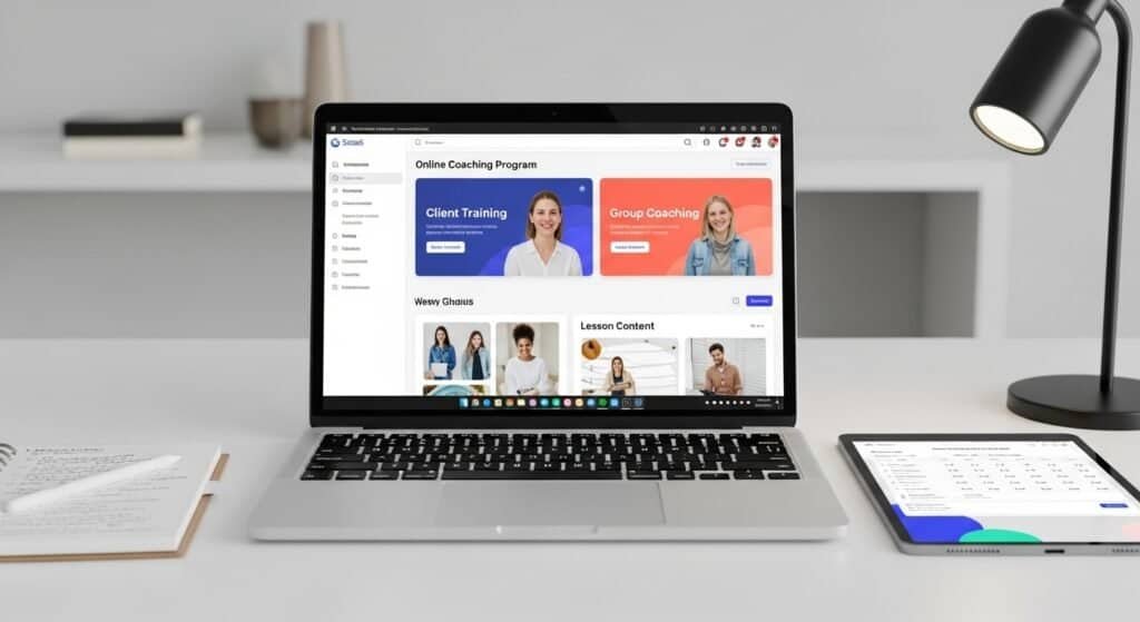 Kajabi coaching program platform showing online coaching lessons and client training dashboard