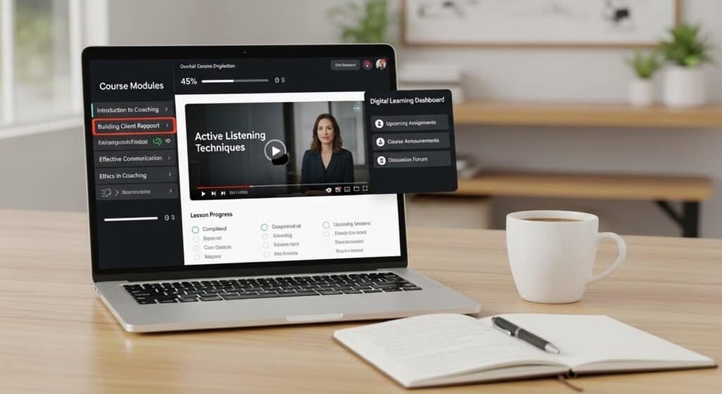 Kajabi course hosting platform showing online coaching modules and lesson dashboard